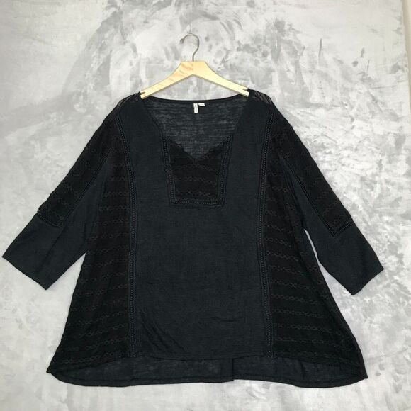 Cato Top Womens 26/28W Black Knit V Neck Applique Lace Boho 3/4 Sleeve Blouse - Picture 1 of 11